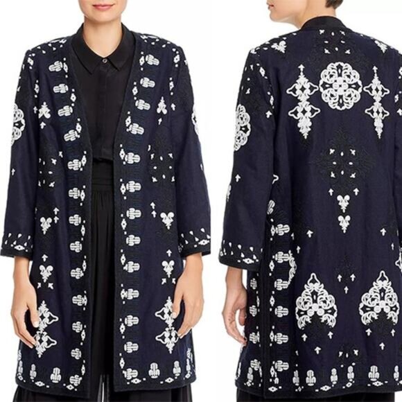 NEW Kobi Halperin Aster Embroidered Longline Open Coat Navy Blue Size: Small - Picture 1 of 7